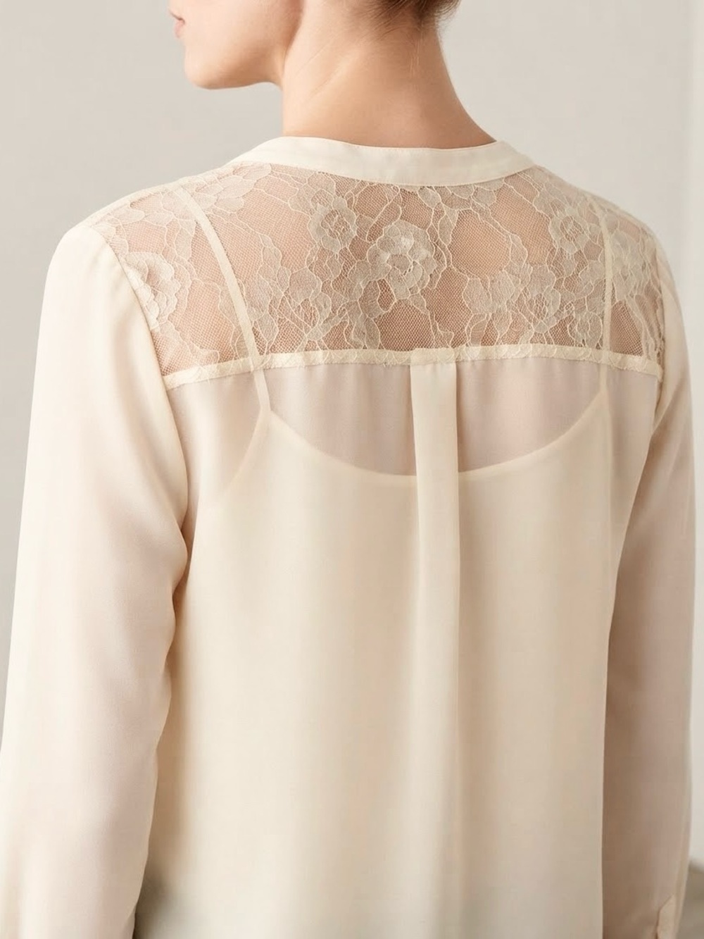 Cream Lace Back Long Sleeve Henley Blouse Shirt Size M